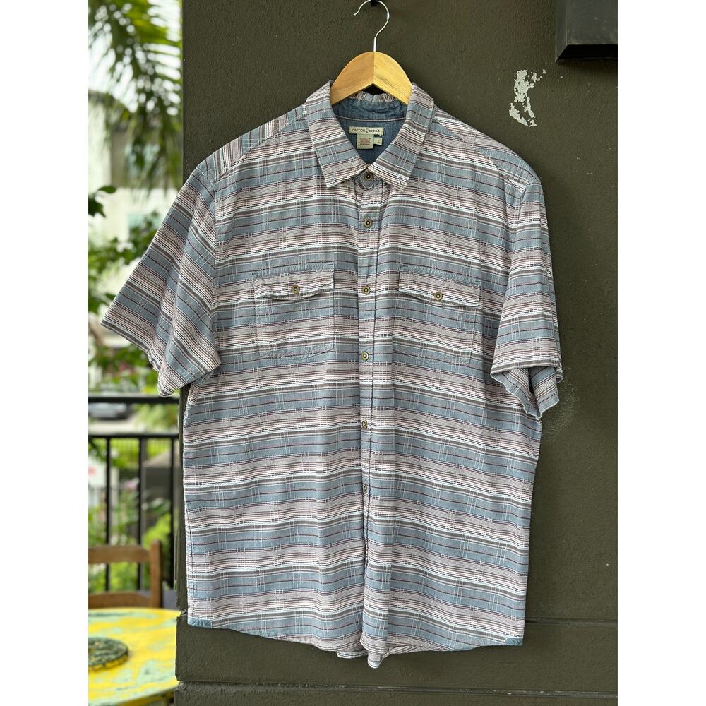 Carbon2Cobalt Shirt Men's Large Blue Gray Stripe Short Sleeve Flannel Western